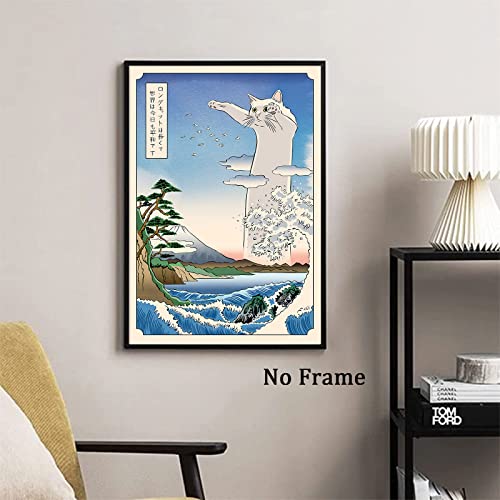 Japanese Cat Canvas Wall Art Japanese Landscape Poster Black And White Cat Pictures Japanese Waves Painting Abstract Mountain Prints Abstract Cat Artwork For Wall Vintage Wave Art 16X24Inchx2 No Frame #TOP6