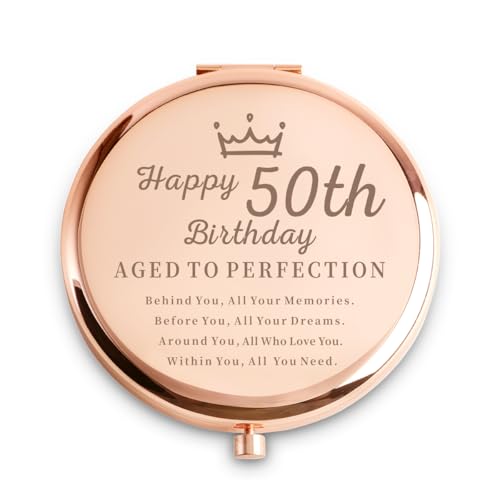 QUSTGO 50th Birthday Gifts for Women, Unique Female Presents for 50 Year Old, Personalized Engraved Compact Mirror Gift Ideas for Her Sister Wife Aunt Friends Mom