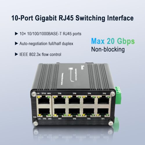 Image of 10 Port Gigabit Ethernet Unmanaged Switch, Industrial Network Switch with 10 x RJ45 Ports, 10 /100 /1000 Mbps, Plug & Play, Metal Case, Supports 12-48V DC Input