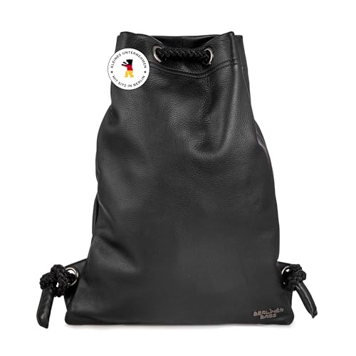 Berliner Bags Premium Turnbeutel Gym Bag aus Leder, Sportrucksack mit Kordelzug für Damen und Herren - Schwarz