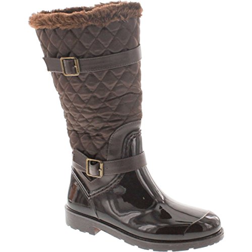 BAMBOO Stormy-02 Mid Calf Quilted Faux Fur Lined Shaft Zip Up Rain Boots,Brown Nylon,6