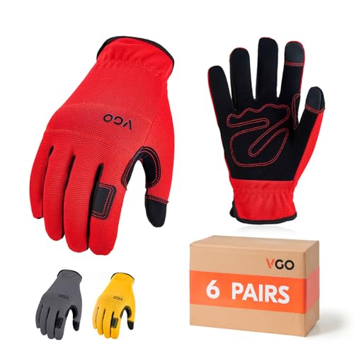 Vgo... 6Pairs Men's Safety Work Gloves,Builder Gloves,Gardening Gloves,Light Duty Mechanic Gloves(Red+Yellow+Gray,NB7581)