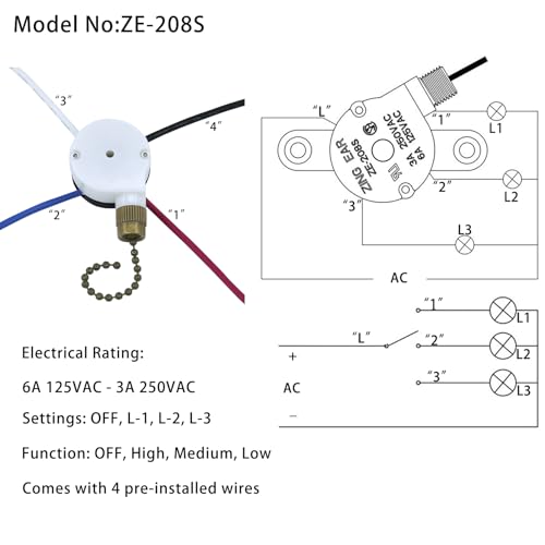 Image of Ceiling Fan Switch Zing Ear ZE-208S E89885 3 Speed 4 Wire Pull Chain with 4 Pre-Installed Wires Light Fan Switch Replacement (Bronze)