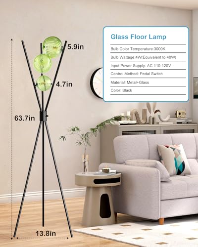Image of Lightdot Dimmable Black Tripod Floor Lamp, Mid Century Standing Lamps with 3 Globe Green Glass Lampshade& Bulb Included, 3000K Bulbs Included Modern Tall Lamp for Living Room /Sofa Beside /Corner Decor