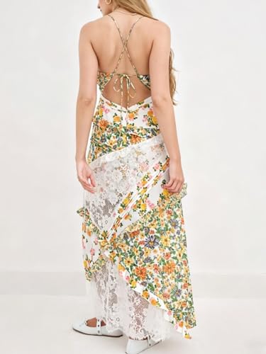 Image of Women Y2k Floral Smocked Maxi Dress Bow Tie Shoulder Tiered Ruffle Midi Sun Dress Boho Casual Beach Long Dresses