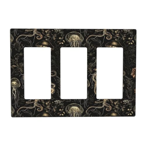 Decorative Outlet Covers Black Gold Jellyfish Squid Deep Sea Creatures 3 Gang Outlet Cover Wall Plate Triple Rocker Light Switch Cover Plate Switch Plate Covers for Bedroom Home Decor