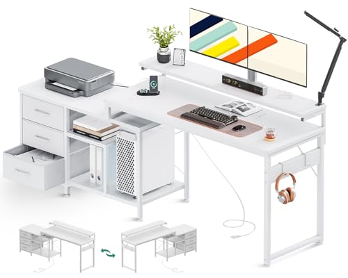 AODK パソコンデスク 引き出し3杯付き ゲーミングデスク コンセント付き l字デスク デスク 机 幅153*100 pcデスク 棚付き 収納 オフィスデスク 仕事用 在宅勤務 組立簡単 ホワイト