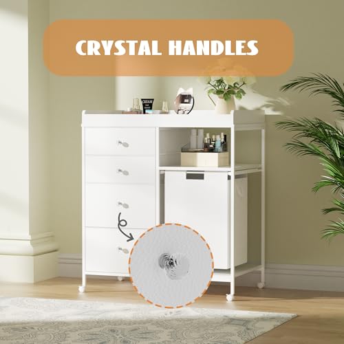 Image of 4-Drawer Storage Changing Station Dresser with Changing Table Top Mobile Baby Nursery Dresser with 1 Open Shelf and 1 Laundry Hamper Diaper Changing Station for Infant,White