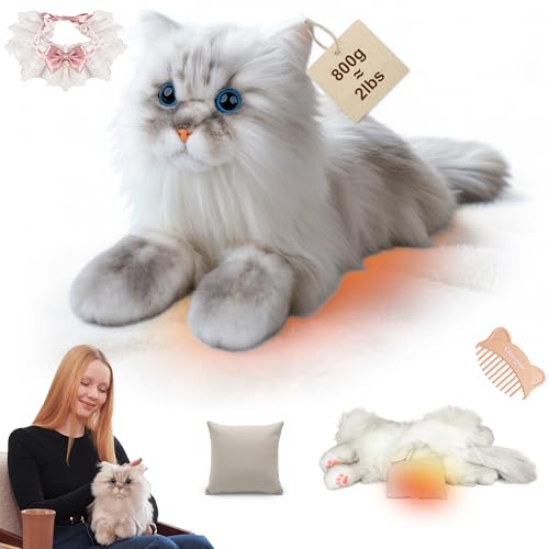 Chongker Microwavable & Weighted Stuffed Animals 2 lbs Heated Stuffed Animal Cat Plushie with Removable Unscented Heating Pad for Belly Neck Shoulders Plush Toys for Adults Children (Gray)