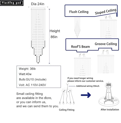 Flashing God D24''XH86'' Large Crystal Chandelier Silver Modern Raindrop Ceiling Light, High Ceiling Chandelier Suitable for Entrance Villas and Foyer