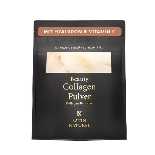 Satin Naturel Polvo de Colágeno Hidrolizado Tipo 1 & 3 con Ácido Hialurónico y Vitamina C – Colágeno Bovino Premium en Polvo sin Sabores – Suplemento para Articulaciones, Piel, Cabello y Uñas