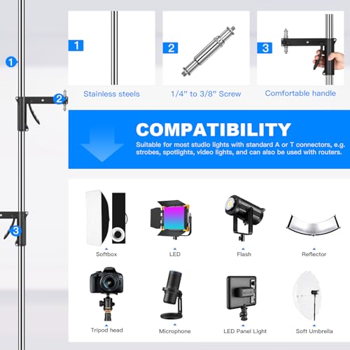 Miniatura 2 de Soonpho Metal Heavy Rollstand Trípode De Estudio 240cm Robusto C Stand Con Ruedas Para Trípode Y 2 Kit De Asas Deslizantes, Capacidad De Carga Máxima 15kg Para Estudio Monolight Softbox Reflector