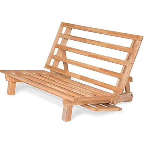 Nirvana Futons Tri-Fold Futon with Red Mattress Included (Full Size, Natural Finish, Solid Wood) - 13 Position Sofa Bed, Lounger, and Couch