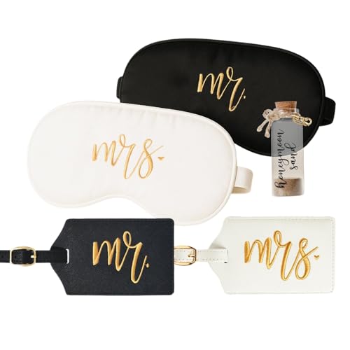 Wedding Honeymoon Travel Set for Couples. Embroidered Mr and Mrs Luggage Tags, Eye Masks, Keepsake Bottle, Wedding Gift, Anniversary Travel Accessories (Black White Gold Honeymoon Sand)