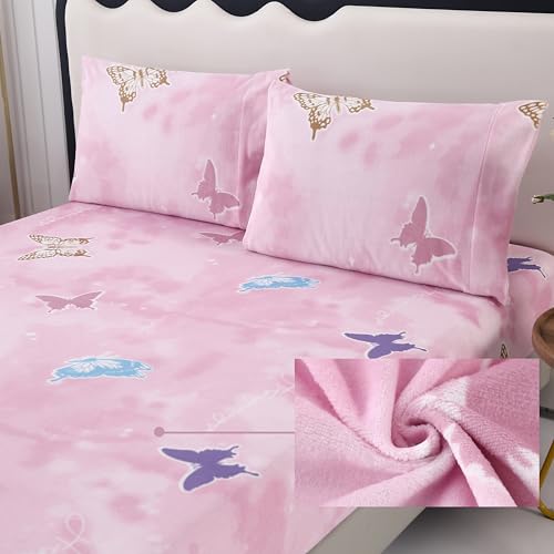 MAG 3Pcs Pink Flannel Twin Butterfly Bedding Sheet Set, Microfiber Cute Colorful Fluffy Warm,Flannel Sheets Twin for Kids Girls Boys,Super Soft,1 Fitted Sheet and 2 Pillowcases Only.