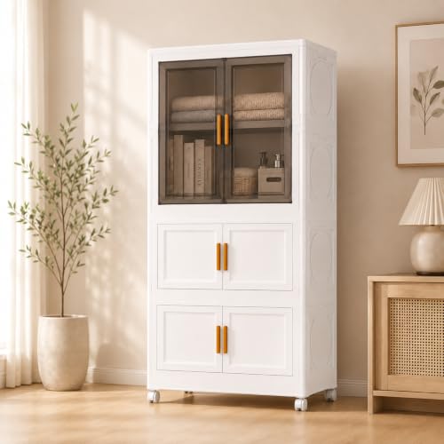 Image of KRISHYAM 3-Tier Plastic Storage Cabinet with 1 Doors Smoky Translucent Upper Doors, Multipurpose Clothes Organizer for Bedroom, Kids Room & Home, 127 x 69 x 35 cm, White Grey