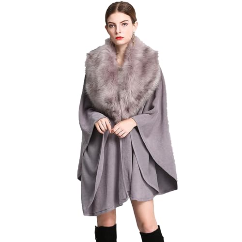 BAILEYU Mujeres Capa de Punto Abrigo Cárdigan Chal Capa Estola Poncho con Elegante Cuello de Piel Sintética de Zorro para Boda Fiesta,Gray