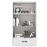 LOKO 4-Tier Bookcase with Storage Drawer, Modern Organizer Display Storage Shelves with Anti-toppling Device, Freestanding Bookshelf with 3 Open Shelves & 1 Drawer, Living Room, Study, Office (White)