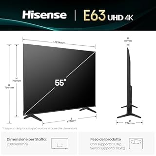 Hisense Smart TV 55" 4K Ultra HD 2025 55E63QT, Smart TV VIDAA U8, Dolby Vision, HDR 10, Game Mode Plus, Alexa Built-in, VIDAA Voice, Tuner DVB-T2/S2 HEVC 10, lativù 4K, 55'', 2025 LED