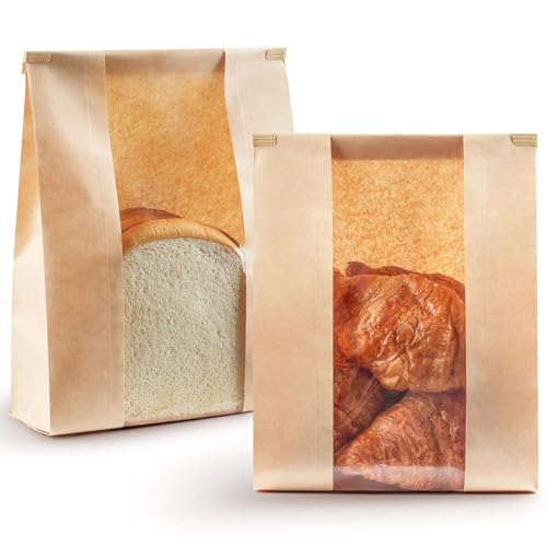 30pcs Kraft Paper Bread Bags for Homemade Bread with Tin Tie Tab Lock 13.7''x8.2''x3.5'' Sourdough Bread Loaf Bags with Window Homemade Baked Packaging Storage Bags for Bake Cookie Treat.
