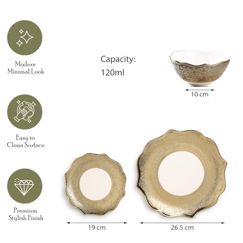 Image of Timeless Elegance Dinner Set, White & Gold, 18 Piece | Gold Plated, Porcelain Crockery with Scalloped Rim, For 6 People, 6 Dinner Plates, 6 Quarter Plates & 6 Veg Bowls, DSS04
