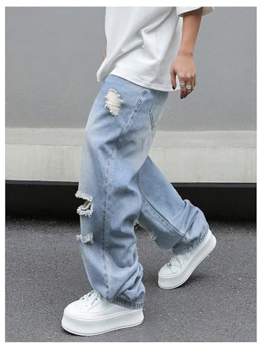SweatyRocks Men's Baggy Jeans Ripped Loose Low Waist Casual Wide Leg Denim Pants Streetwear4