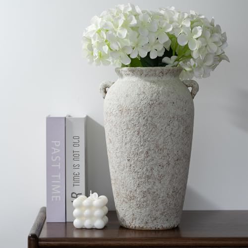 Rustic White Ceramic Vase, Wide Mouth Terracotta, Antique Decorative Flower Vase with 4 Handles, 9.7 in