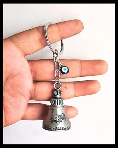 Image of Guardian Bell Keychain, Silver, Metal, Good Luck Charm with Evil Eye Nazar, for Bike & Motorcycle
