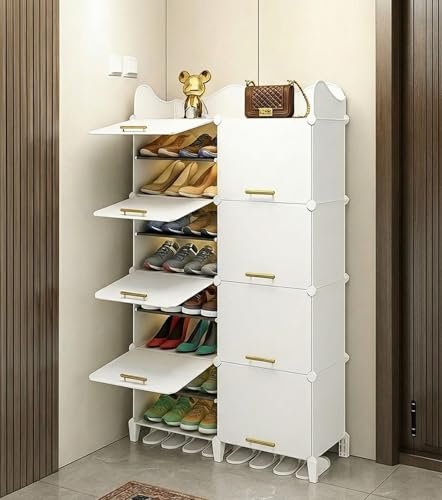 Image of LUHI Premium Modular Plastic Shoe Rack for Home with Door | 16-Tier Stackable Shoe Organizer | Waterproof & Dustproof | Space Saving Storage for Home, Bedroom & Entryway [White HT2, 16-Shelf-8-Door]