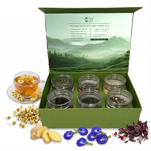 Image of Premium Loose Leaf Herbal Tea Gift Combo Set, Pack of 6 Flavors, 100g Each | Refreshing Aroma, Caffeine Free, Pure Mint, Butterfly Pea, Hibiscus, Orange Ginger, Chamomile Rose & Strawberry Hibiscus Teas