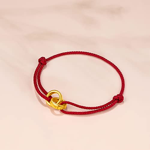24K Solid Gold Bracelet for Women, Real Pure Gold Circle Jewelry Dainty Double Ring Jewelry Adjustable Red Braided Bracelet for Men Lover ADBZ1757183