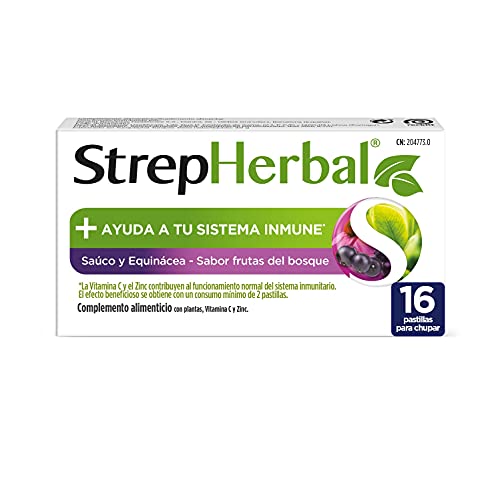 StrepHerbal Saúco y Equinácea con Vitamina C y Zinc para el sistema Inmunitario, Sabor Frutas del Bosque - 16 pastillas para chupar
