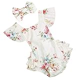 Baby Girls Cotton Vintage Floral Ruffle Rompers Clothing Headband Set (White, 3-6 Months)