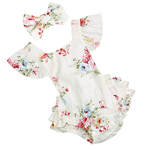 Baby Girls Cotton Vintage Floral Ruffle Rompers Clothing Headband Set (White, 6-12 Months)