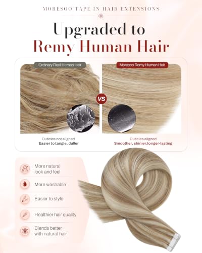 Image of Moresoo Tape in Extensions Real Human Hair Beige Blonde 14in 40pcs 100g | Tape hair extensions, thick 40pcs set, soft blonde dimension, fuller body for blowouts and bridal styling