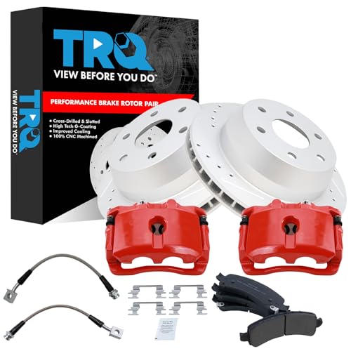 Image of TRQ Performance Rear Brake Pad and Rotor Set Semi Metallic Coated Rotors Calipers Compatible with 02-06 Cadillac Escalade Chevrolet Avalanche 1500 Suburban 1500 Tahoe GMC Yukon 03-06 Yukon XL 1500