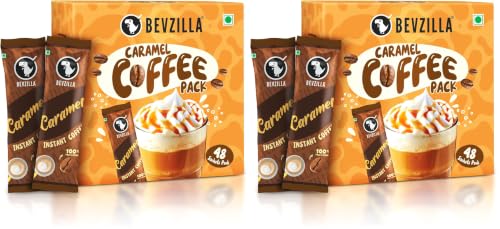 Image of Bevzilla 48 Instant Coffee Powder Sachets (Caramel) - 96 Grams | Makes 48 Cups| Arabica Coffee| Strong Coffee| Easy To Carry| Best For Espresso, Latte,Cappuccino | | Enjoy Hot & Cold (Pack of 2)