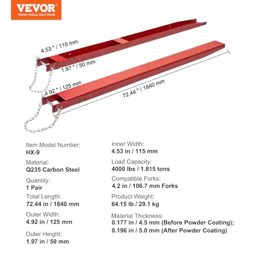 VEVOR 2er-Set Gabelverlängerungen 1840 mm Zinkenverlängerung 1,815 Tonnen Tragfähigkeit Gabelzinken Q235 Kohlenstoffstahl einteiliges Design Palettengabelverlängerung Kompatibel mit 106 mm Gabeln