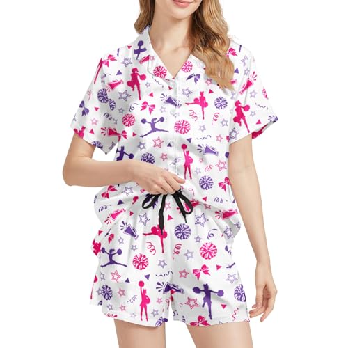Image of Funny Pajamas for Women Set Print Satin Loungewear Pjs Short Sleeve Button Down Top and Shorts Sets Sleepwear XS-3XL