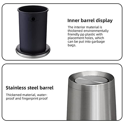 Image of 2.6Gallen Brushed Nickel Bathroom Trash Can with Lid, Stainless Steel Garbage Can with Flipping Lid,for Bathroom, Kitchen,Living Room,Bedroom,Hotel (Silver)