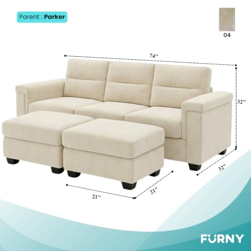 Image of FURNY Parker 3 Seater Sofa Set with 2 Ottomans | Premium Suede Velvet Fabric Finish | Durable Comfort Sofa for Modern Living Room & Office Spaces