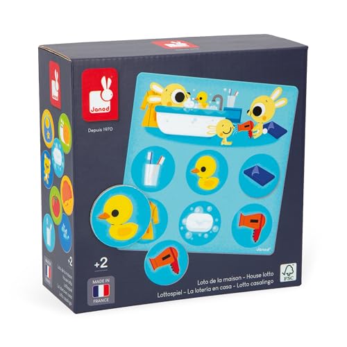 Janod - Lotería en Casa - 4 Láminas y 24 Fichas de Cartón - Juego Educativo - Vocabulario y Concentración - Cartón FSC y Tintas Vegetales - A Partir de 2 Años - J02620