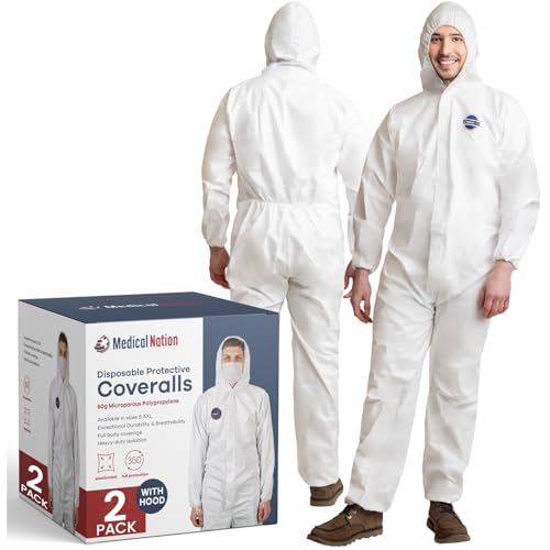 Medical Nation Hazmat Suits Disposable | 2 Pack | With Hood Heavy Duty Breathable Disposable Coverall Painter Suit | X-Large