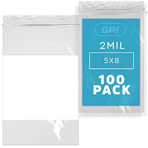 Gpi 100 Count 5" X 8" Clear Plastic Reclosable Zip Bags - Bulk 2 Mil Thick Strong & Durable Poly Baggies With Resealable Zipper Top Lock & Write-On White Block, For Storage, Packaging & Shipping #TOP12