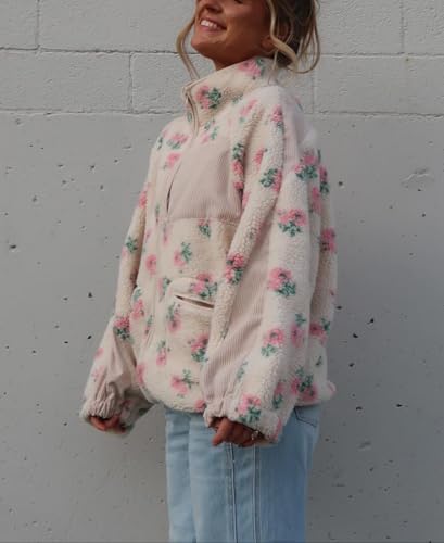 chouyatou Women's Winter Casual Spliced Floral Fleece Jacket Fall Fuzzy Oversized Faux Fur Sherpa Jacket2