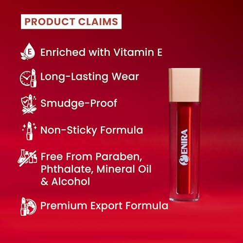 Image of ENIRA Blood Red Liquid Lipstick for Women | 4ml | Matte Liquid Lipstick | Waterproof | Transfer Proof | Smudge Proof | Long Lasting | Highly Pigmented | Vitamin E | Lightweight Non-Sticky Formula