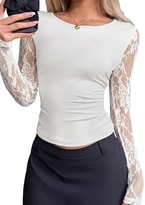 BTFBM Lace Long Sleeve Tops For Women Fall Clothes 2026 Sexy Sheer Blouses