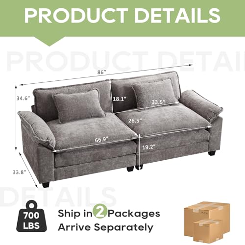 Image of Oprisen 86 inch Modular Sectional Sofa, Comfy Cloud Couch Sectional Sofa with Ottoman, Chenille Sofa Sleeper Deep Seat Sofa with Throw Pillows for Living Room (Light Gray, 86 inch- Loveseat)