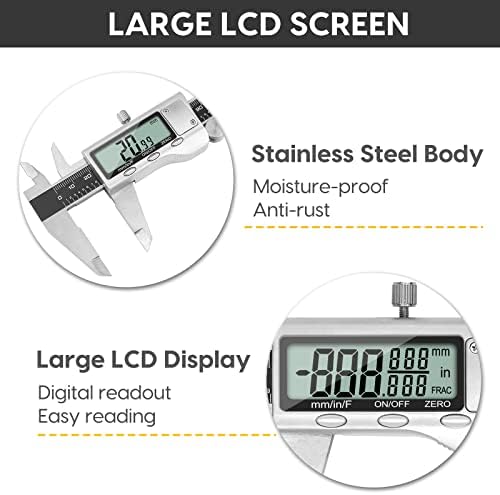 Digital Caliper Measuring Tool, 6 Inch Caliper Tool with Large LCD Screen, Easy Switch from Inch Millimeter Fraction, Stainless Steel Vernier Caliper Digital Micrometer