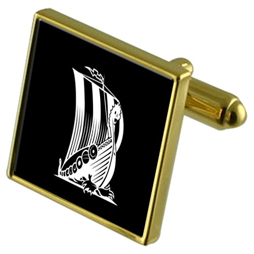 Gemelos Viking Longboat oro-tono, clip de corbata de hombre y crystal gift set elegante